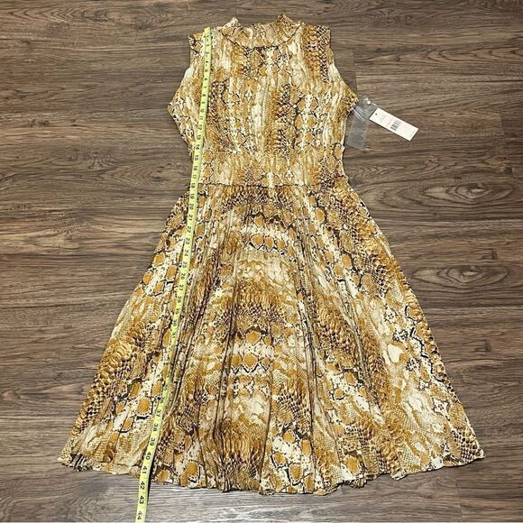 NWT Nanette Lepore Snakeskin Print Sleeveless Pleated MIDI Dress Gold Black 10 - Picture 10 of 12